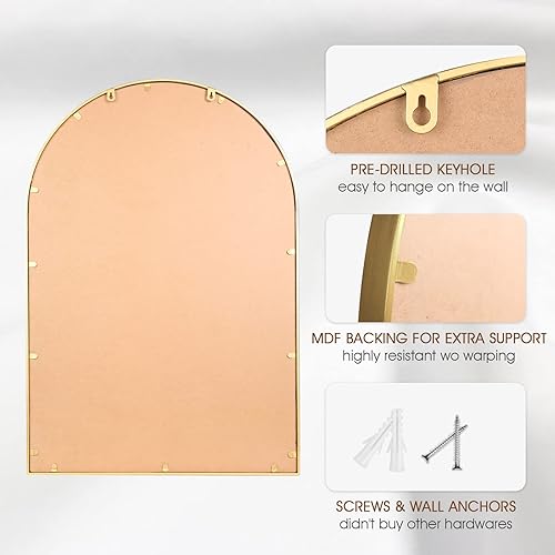 Miniatura 6 de Fobule Espejo de pared de arco, 24 x 36 pulgadas, espejo de baño festoneado dorado antiguo, marco de cuentas de metal, espejo decorativo para