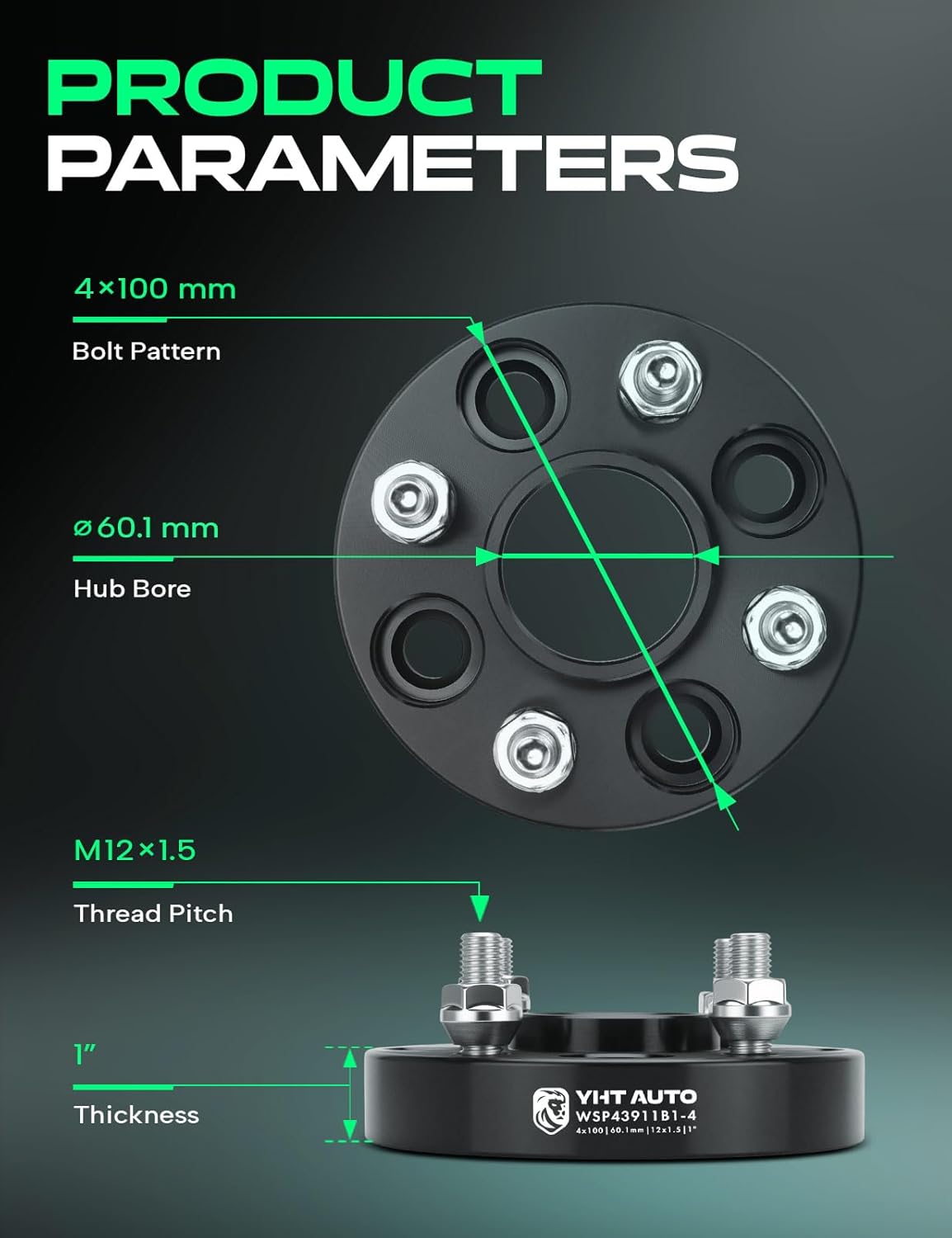 YHTAUTO 4X100mm Hub Centric Wheel Spacers 1 Inch Fits Chevrolet, Toyota, Honda, Dodge, Mazda, Acura, Saturn, Scion Models Wheel Tire Spacers w/ M12x1.5 Studs, 60.1mm Hub Bore 4 Lug 4PCS Black