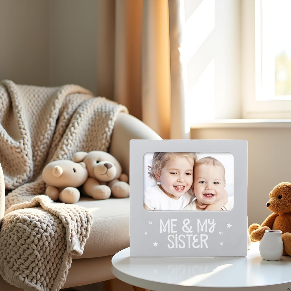 Me and My Sister Sibling Picture Frame, Baby Keepsake Frame for Sisters, Brothers, Birthday, Shower, Baptism, Newborn Nursery Decor, 4x6 Photo Insert, Gray