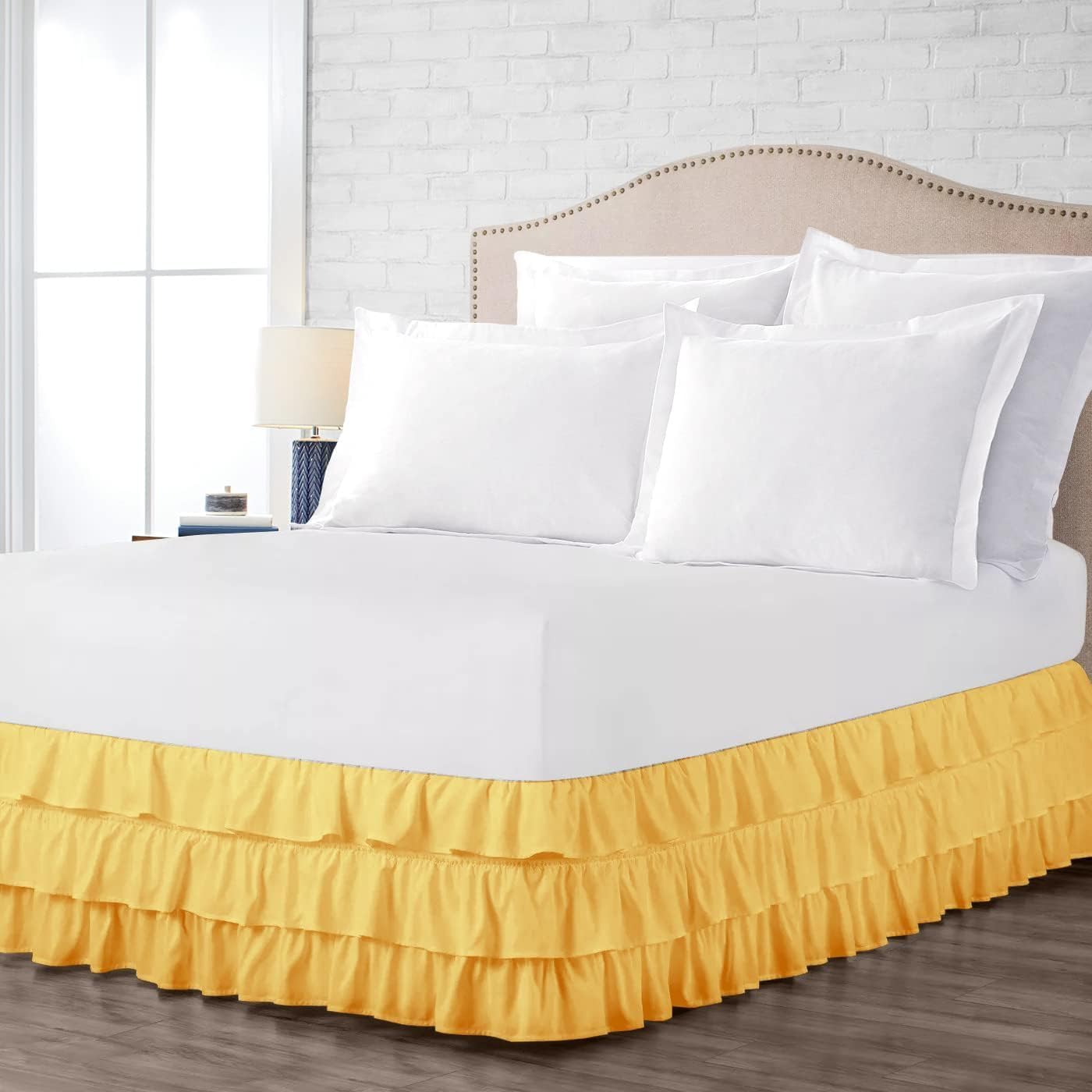 Cotton 400 TC Multi Ruffle Bed Skirt Elastic Dust Ruffles with Wrap Around Bed Skirt 18" Drop Twin Size Gold Solid
