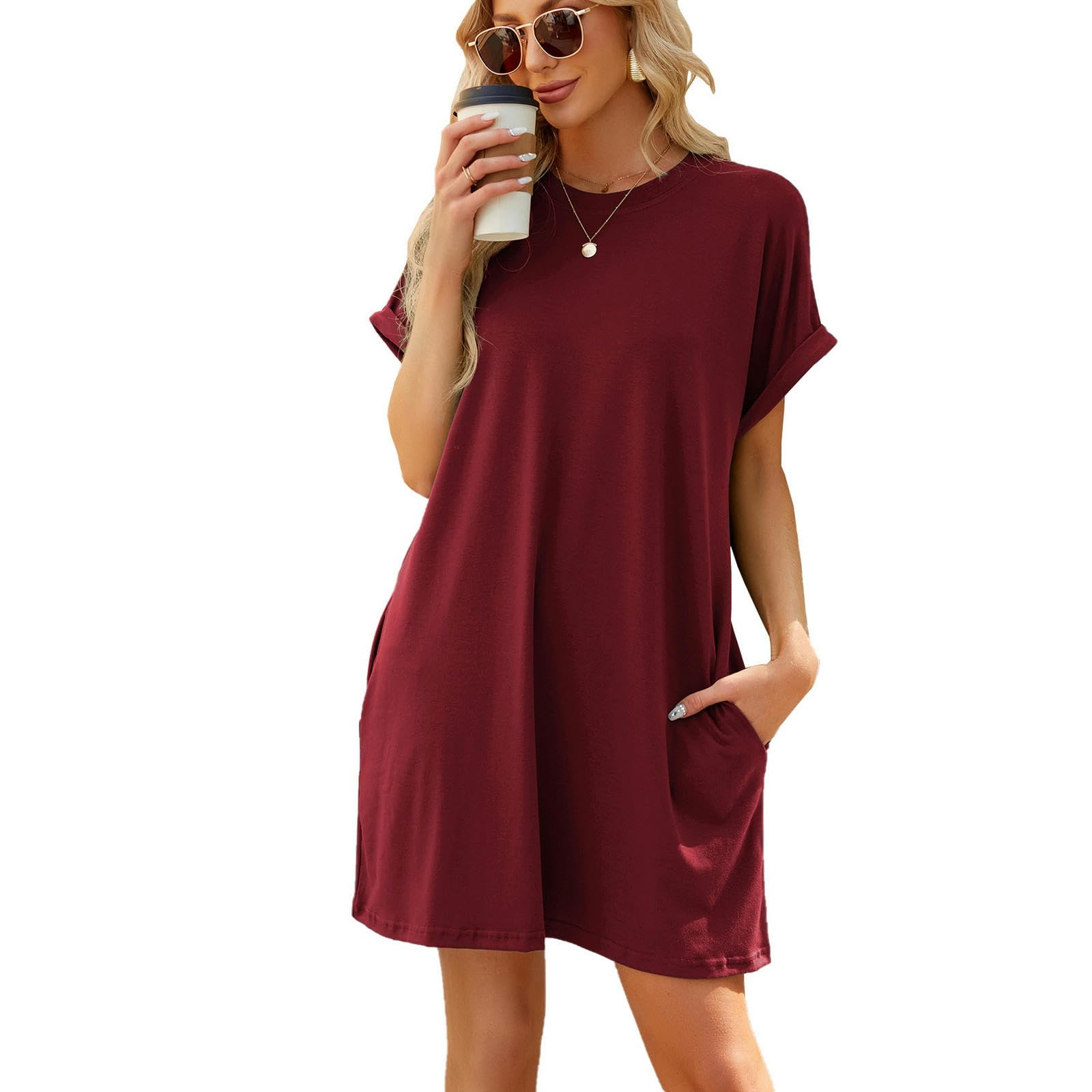 Vestido de Verano Vestido Casual de Verano Femenino Bolsillo Vestido de Sol de Vacaciones de Playa, HUTALIM, Rojo, XL