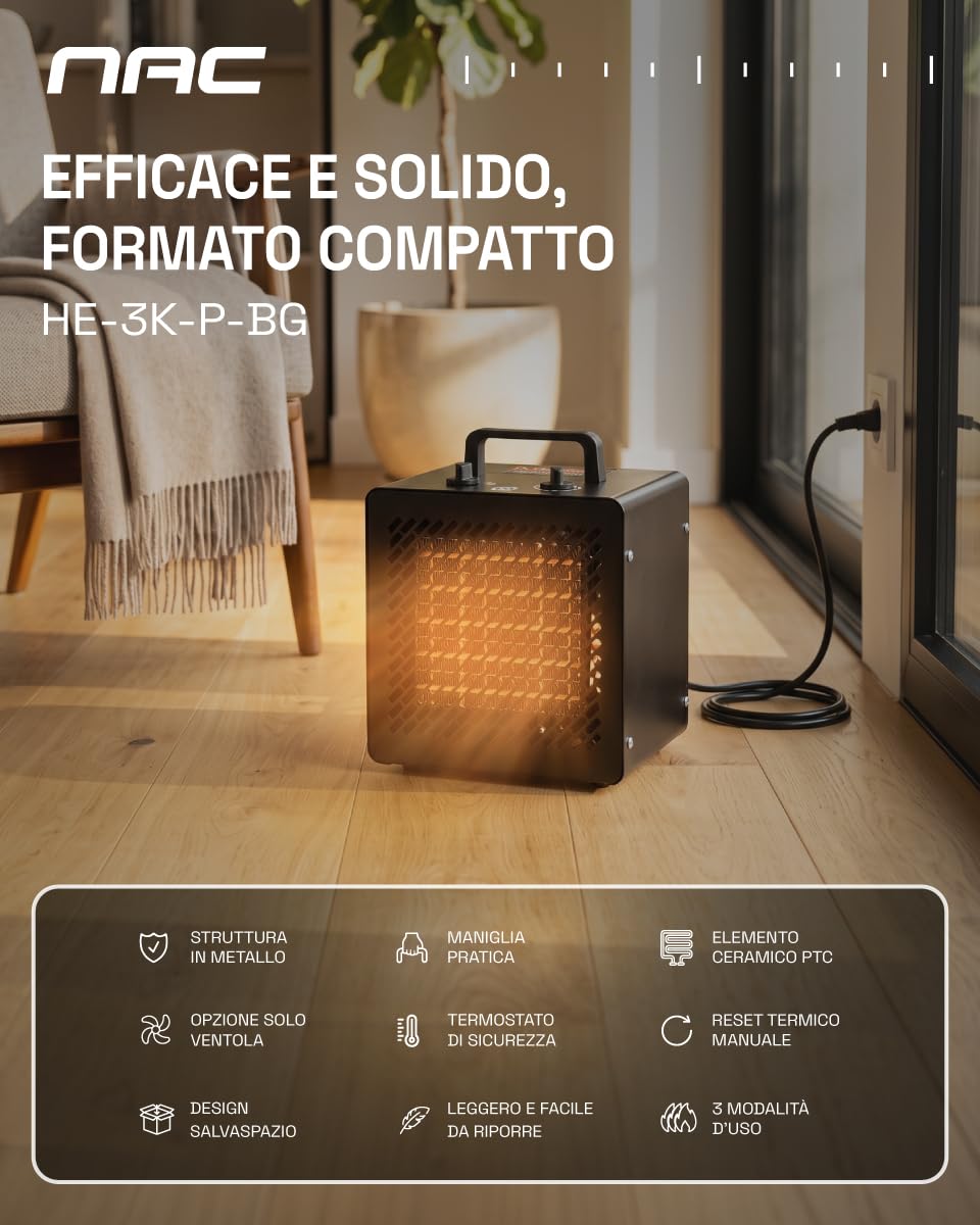 NAC Termoventilatore Elettrico 3000W – Dispositivo di Riscaldamento in Ceramica con Termostato – Riscaldamento Elettrico Portatile per Garage, Officina, Cantiere, Serra - New American Concept