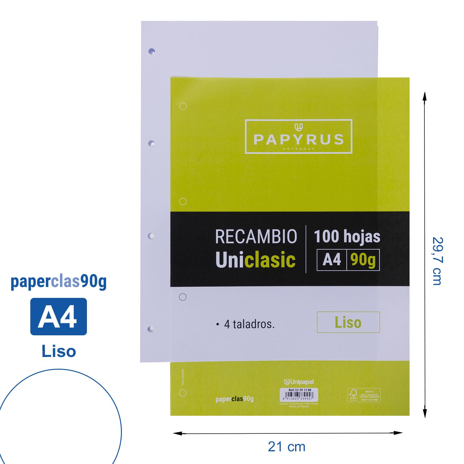 Unipapel A4 Lisci Ricambio 100 Fogli 90 g Carta Certificato FSC Bianco