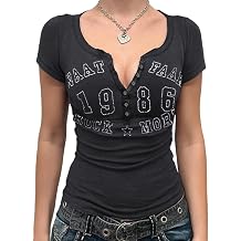 Fronage Women's Y2K Short Sleeve Henley Shirts Button Down V Neck Slim Fit Vintage Casual Tops Graphic Crop Tops