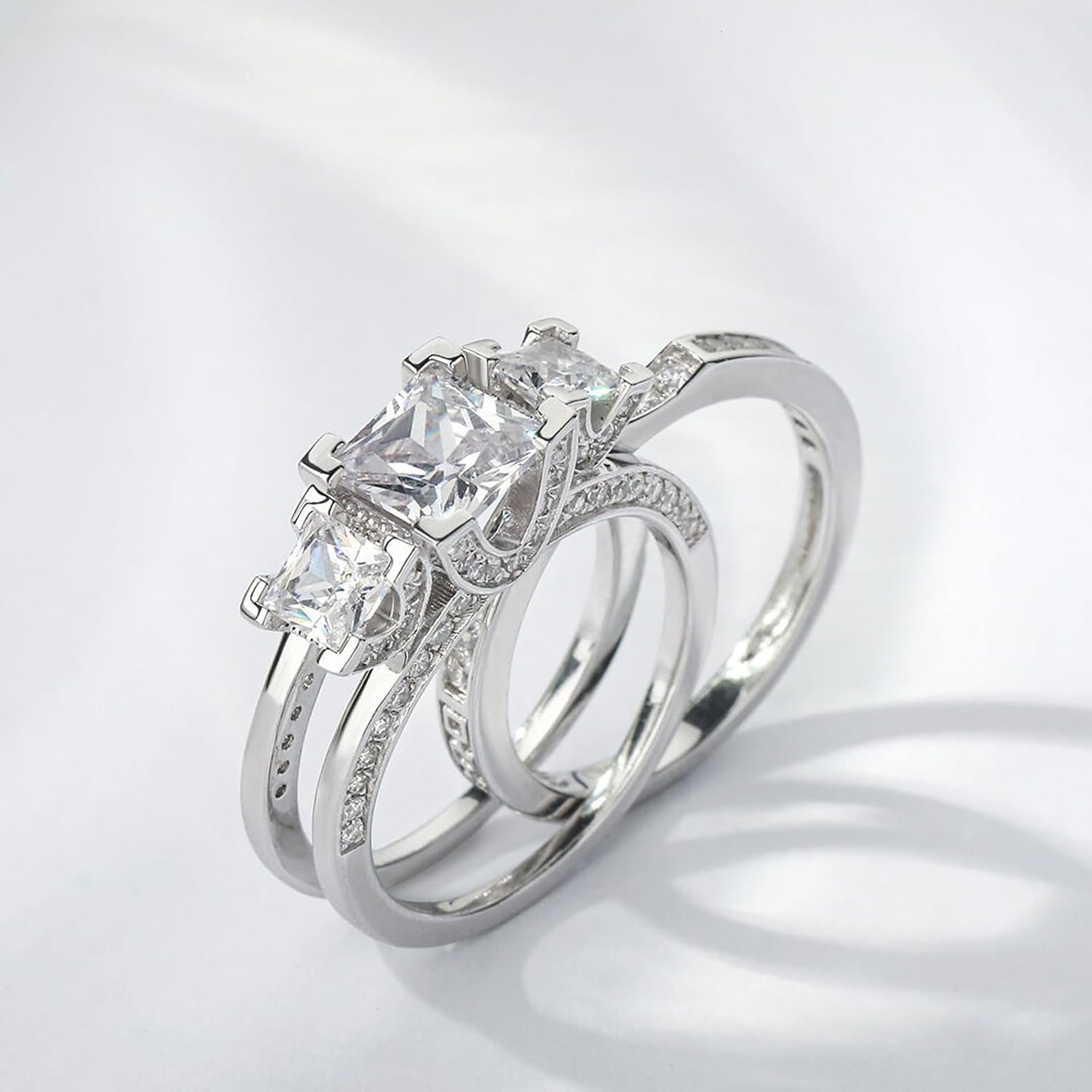 Jeulia 2PCS Interchangeable Engagement Ring Set for Women; 925 Sterling Silver Three Stone Radiant Cut Wedding Ring Bride Set CZ Anniversary Promise Rings for Her with Jewelry Gift Box