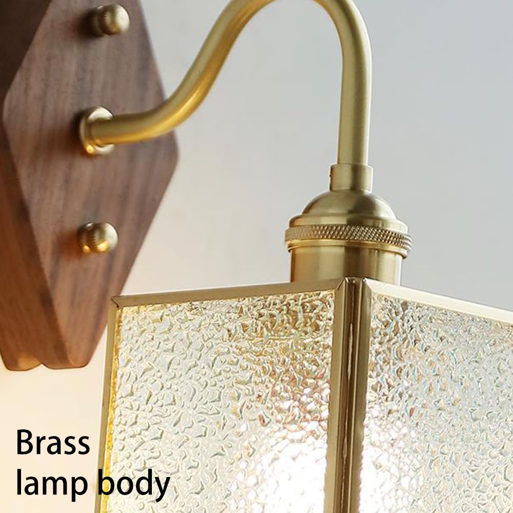 Applique da Parete Dorata, Applique Moderne con Paralume Quadrato in Vetro, Lampada da toeletta Dorata di metà secolo, lampade da Interno Vintage in Ottone, Base in Legno per Camera da Letto, Com
