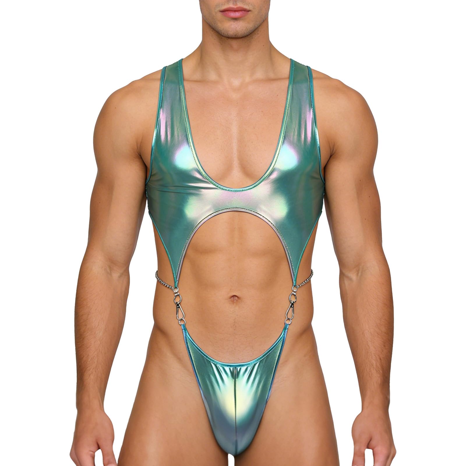 Zaldita Men Bodybuilding Suit Stretch Tight Sleeveless One-piece Swimsuit Jockstraps Leotard Gay Singlet Green L