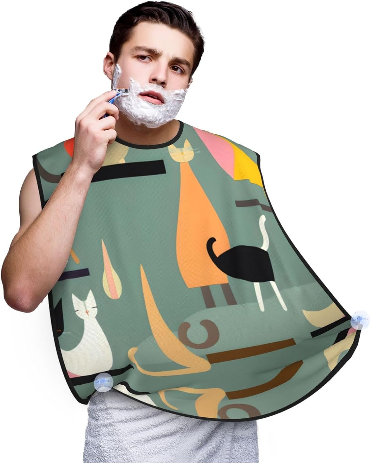 Mid-Century Modern Art Cats Print Beard Bib Apron For Men, Beard Hair Catcher For Men Shaving Trimming,Beard Cape Cloth, Black