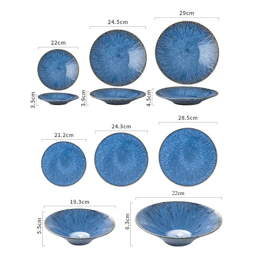 Speiseteller-Set aus Keramik, nordisches Blau, für Restaurant, Pasta, Steak, Teller, Zuhause, Obst, Salat, Schüssel, Kuchen, Dessertteller, Küchenutensilien, Küche, Salatschüssel (B 27,9 cm)