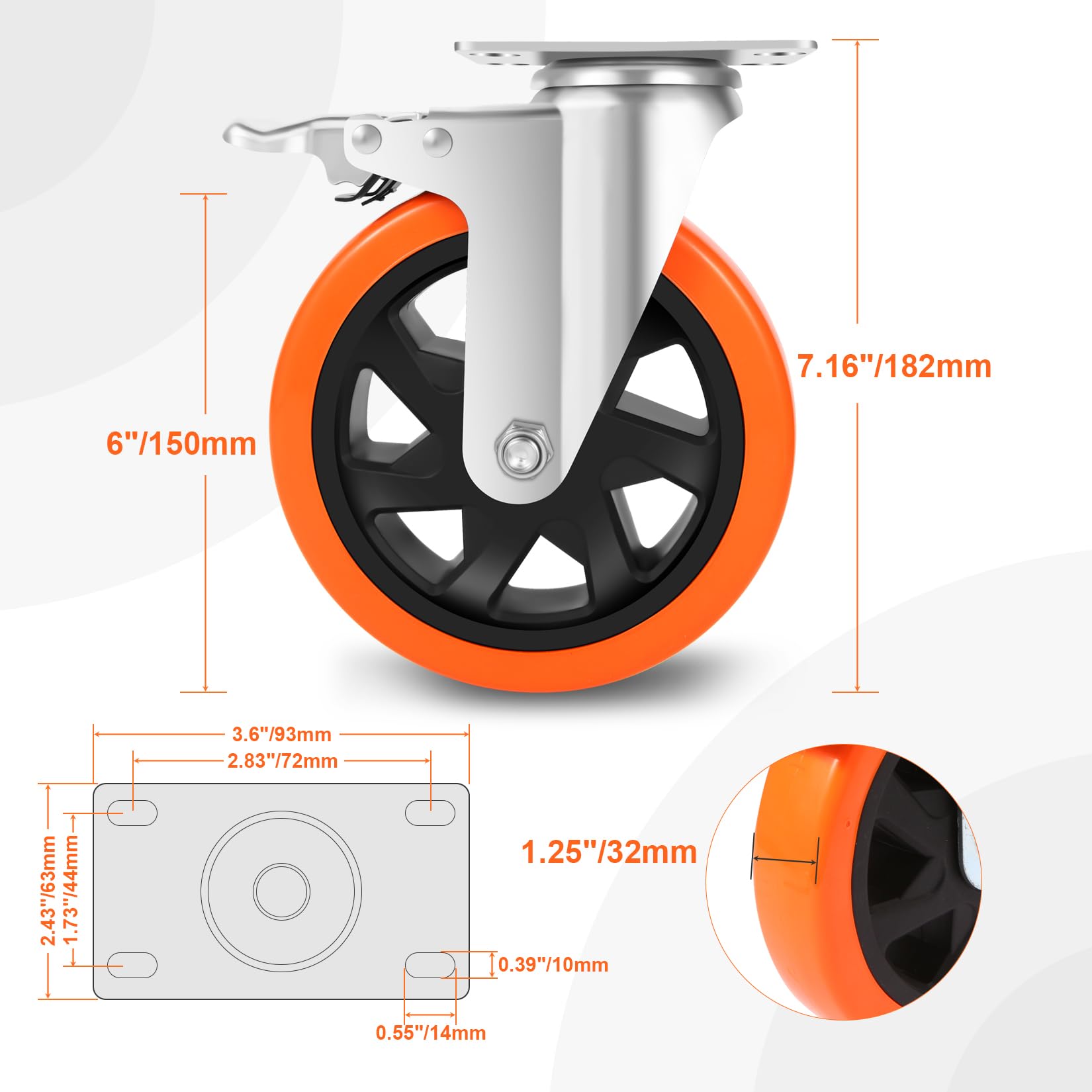 W B D WEIBIDA Schwerlastrollen 150mm, 4 Rollen mit Bremse Doppelverriegelung Tragkraft 1000KG, Langlebige, Leise und Robuste Möbelrollen, Polyurethan Rollen Groß für Werkbänke und Industrielle