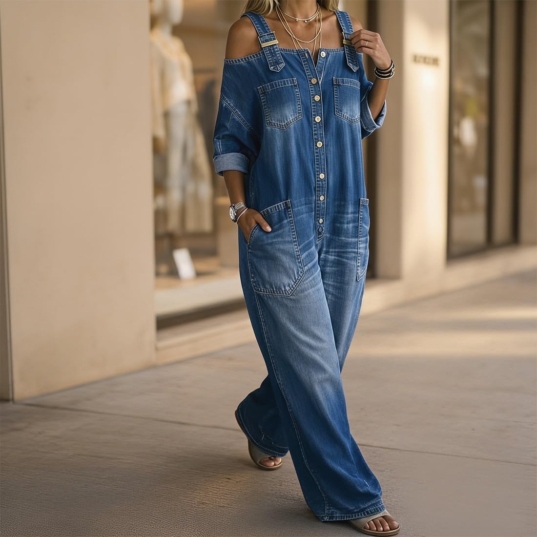 Jeans Overall Damen Jumpsuit, Weit Geschnittener Overall mit Weitem Bein und Taschen, Echter Komfort Trifft Retro-Stil, Schmeicheln Sie Ihren Natürlichen Kurven
