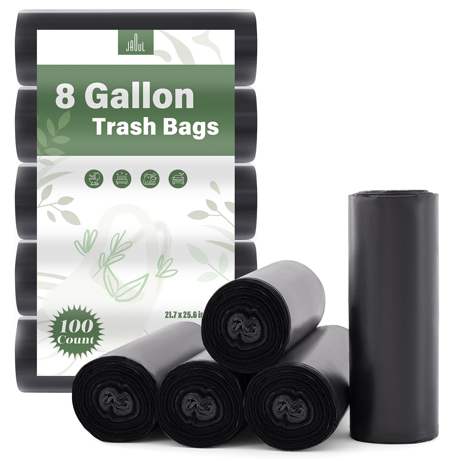 Jaoul Medium Trash Bags 8 Gallon, 0.97 Mil Extra Strong 8 Gallon Trash Bags for 30 Liter Trash Can for Home Office Car Kitchen, Black, 100 Counts