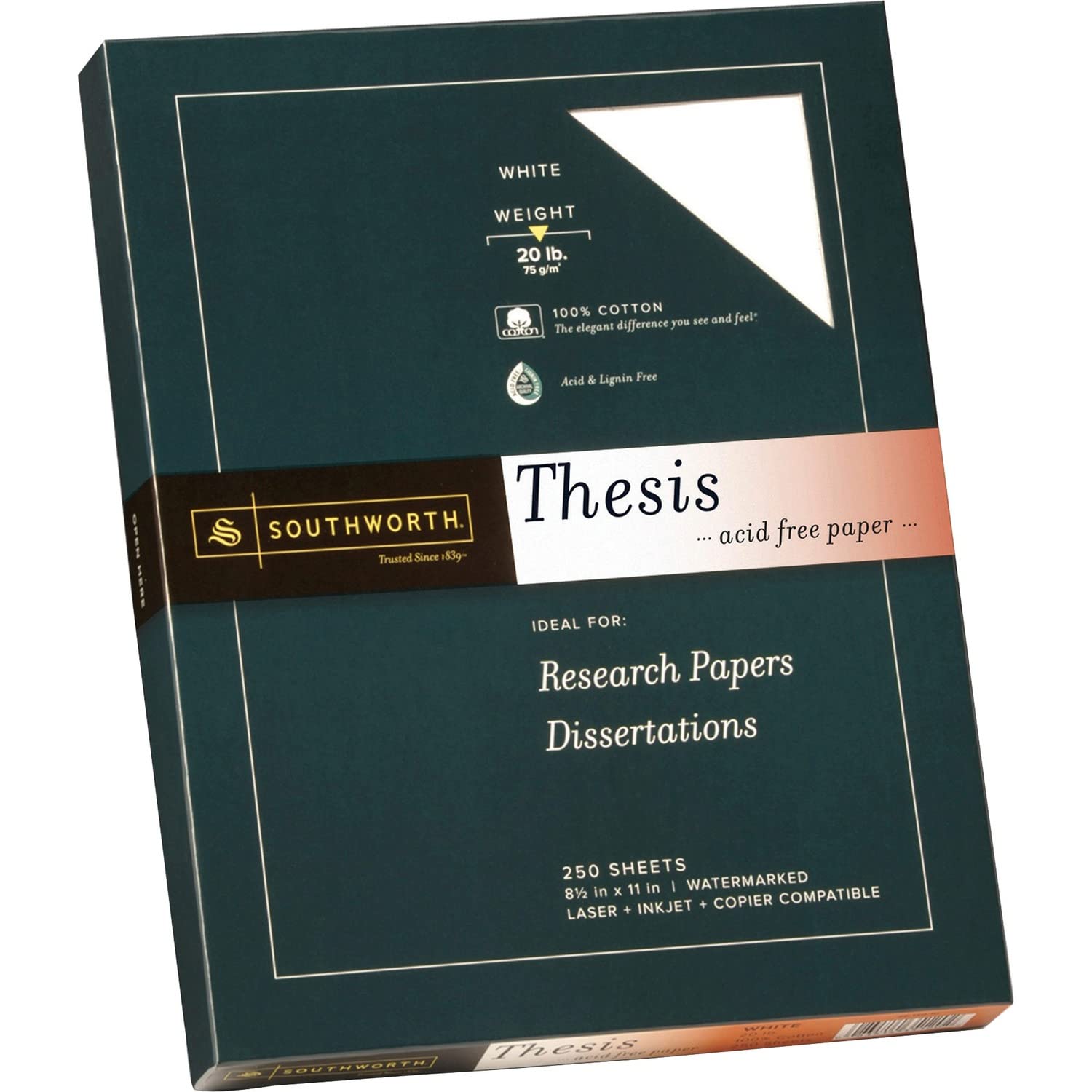 Southworth 100% Cotton Thesis Paper, 8.5” x 11”, 20 lb/75 GSM, Wove Finish, White, 250 Sheets - Packaging May Vary (35-120-10)