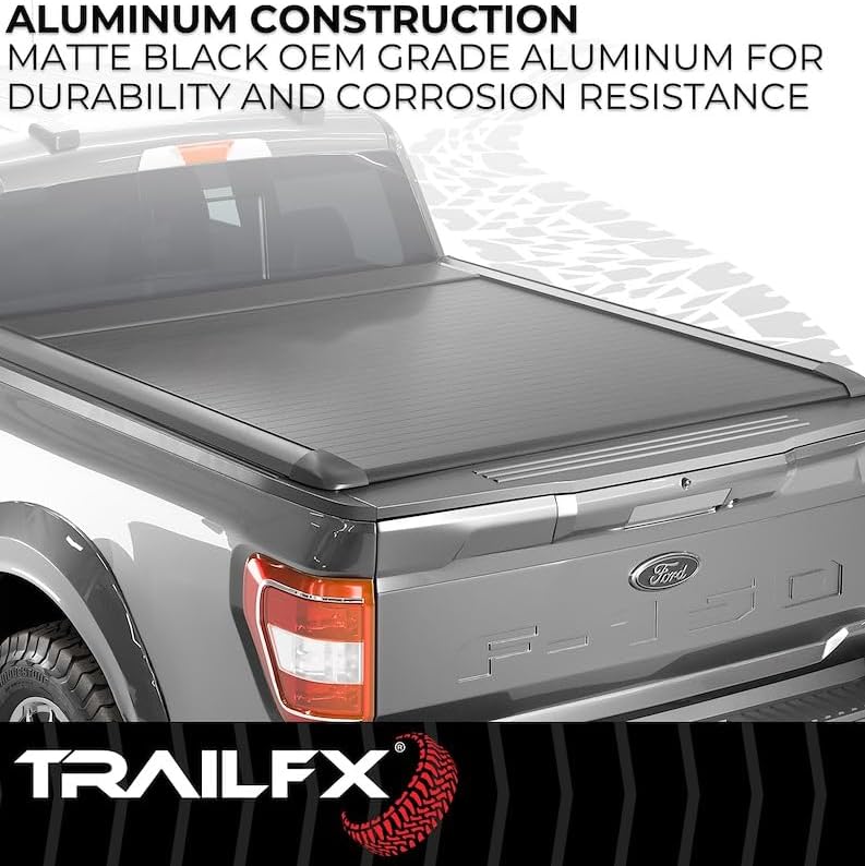 TrailFX TFX6003 Hard Retractable Tonneau Cover Fits 2015-2025 Ford F-150 with 5.5 Foot Bed Manual Retractable with Key Lock Black Matte Powder Coated Aluminum T-Slot Rails Clamp-On