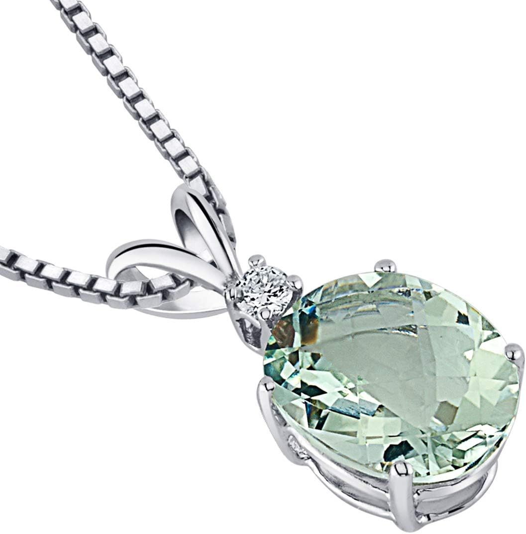 PEORA Green Amethyst with Genuine Diamond Pendant in 14K White Gold, Elegant Solitaire, Oval Shape, 10x8mm, 2.30 Carats total, 100% Natural & Real, Sparkling Green Amethyst Necklace, w/Jewelry Box