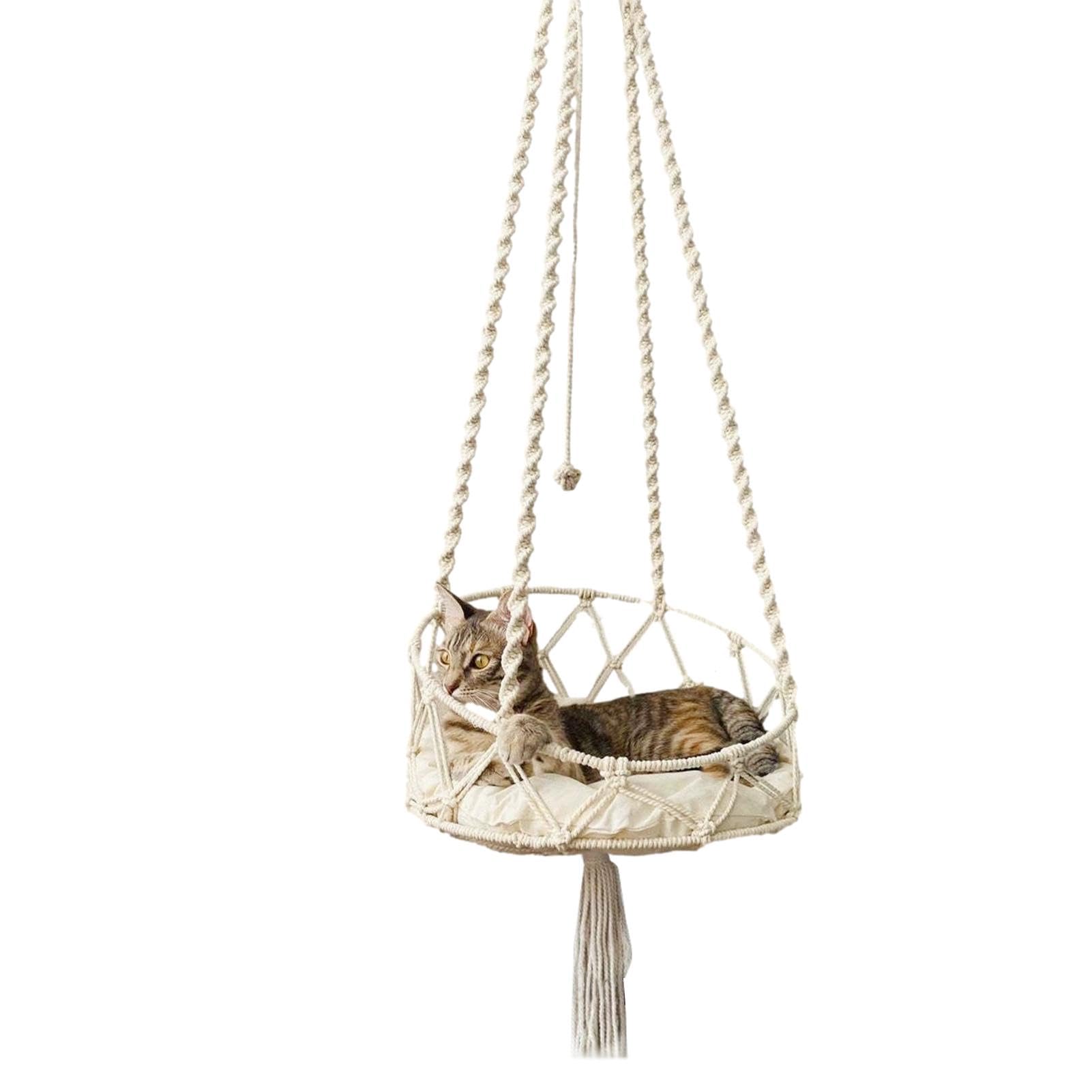 Hamac en Macramé pour Chat - Lit Suspendu Balançoire avec Crochet pour Détente - Fixation Murale