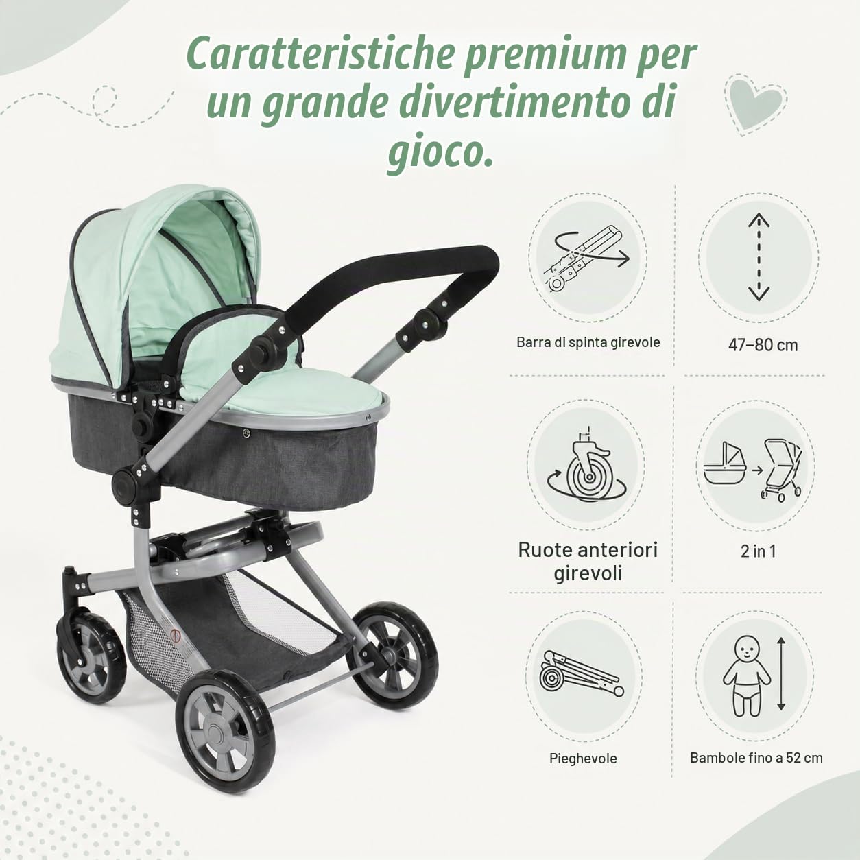 Bayer Chic 2000® Passeggino per bambole Mika 2 in 1, Melange Minta, pieghevole, manico regolabile in altezza 47-80 cm, telaio moderno, bambole fino a 52 cm, 4-8 anni