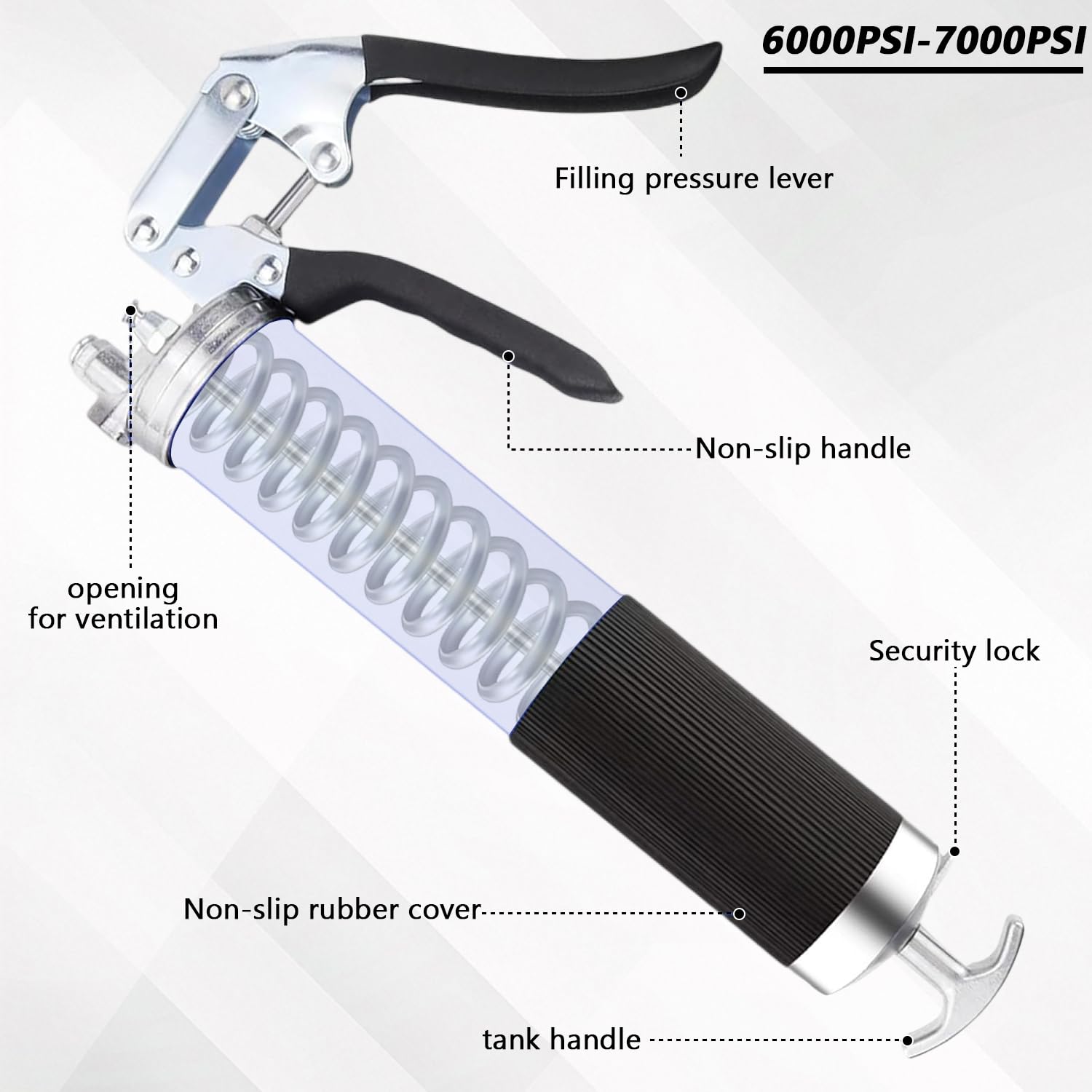 Grease Gun Kit, Heavy Duty Pistol Grip Grease Gun with Flex Hose, Quick Locking Coupler, Sharp Nozzle - Image 2