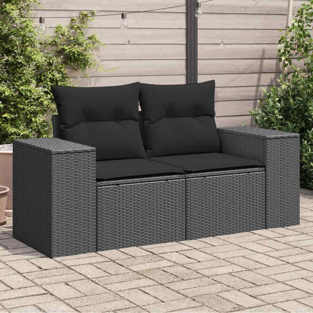 Sofa ogrodowa, 2-osobowa, czarna, polirattanowa z poduszkami, odporna na warunki atmosferyczne, na balkon i taras, balkon ze zdejmowaną poszewką, zestaw wypoczynkowy ogrodowy, sofa na taras