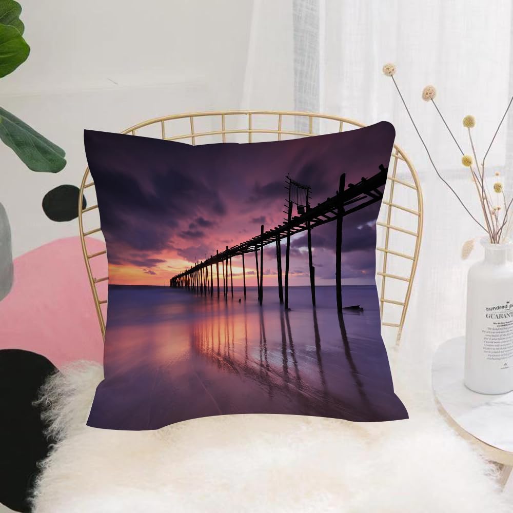 HYMSXW Cushion Cover,Throw Pillow Case Home Decorative for Living Room Bedroom Sofa Chair 20X20 Inch,Wooden bridge, bridge, fantasy landscape ocean sunset purple,Pillowcase 50X50cm