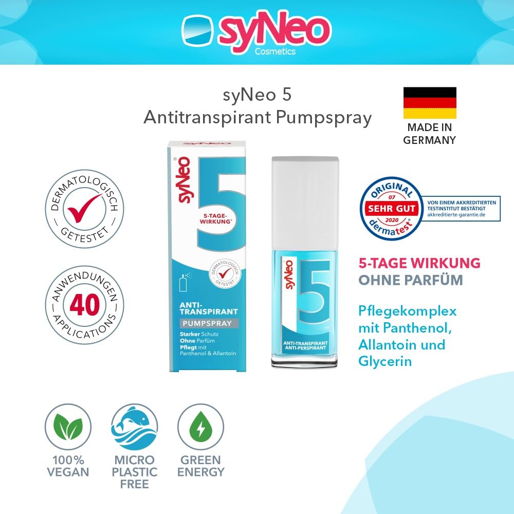 syNeo 5 Antitranspirant Deo Pumpspray – 5-Tage-Wirkung – gegen starkes Schwitzen, Schweiß & Geruch – für Body, Hände & Gesicht – dermatologisch getestet – für Damen & Herren – Made in Germany – 30 ml