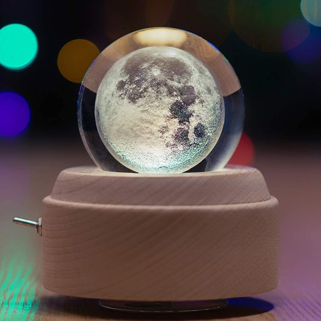 TsoLAY HSF Moon 3D Music Box Crystal Ball Base in Legno Carillon Rotante con Luce a LED Regalo per San Valentino Natale (Color : Natural, Size : A)