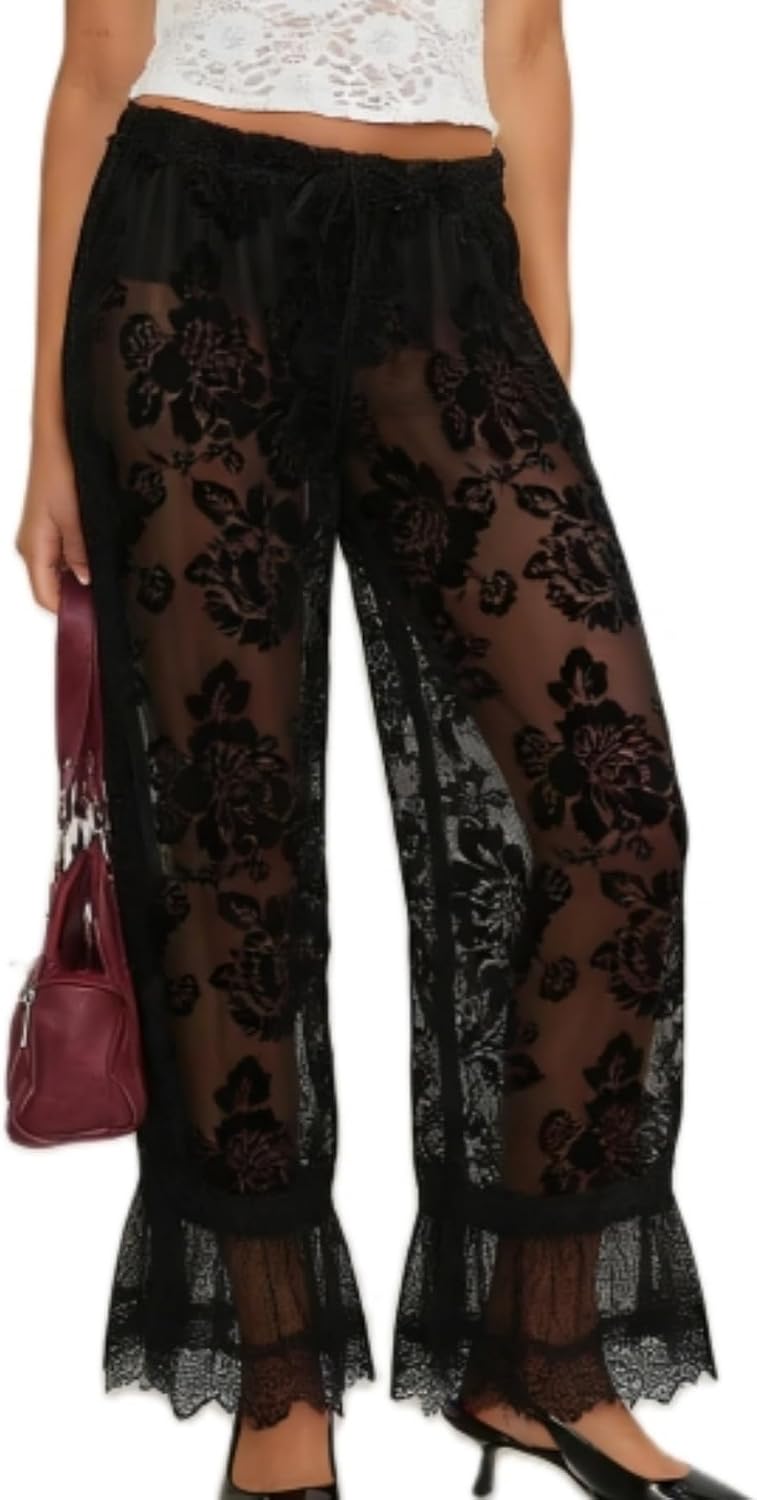 Women Lace Trim Long Bloomers Mid Rise Ruffle Going Out Cropped Pant Flared Pantaloons Elastic Waist Pajama Bottoms