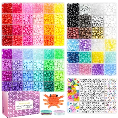 2400pcs Pony Beads 72 Colors 9mm Friendship Bracelets Making Kit, Rainbow Kandi Beads Bulk Letter Beads for Name Bracelets Jewelry Making Crafts with Elastic String