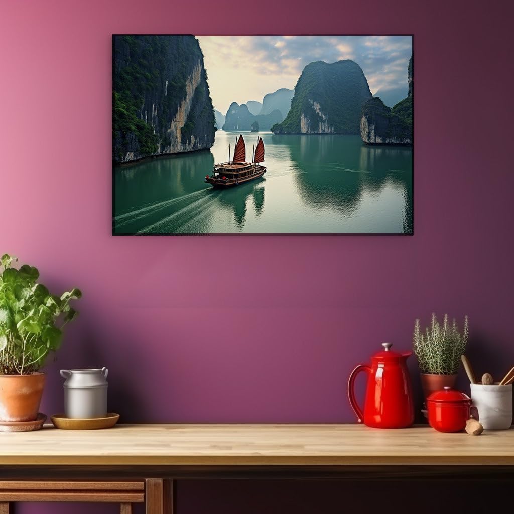 Canvas for Living room. Sailing Through Serenity: A Majestic Voyage in Halong Bay's Embrace, 27 x 18 inch Canvas Wall Art - Modern Home Decor