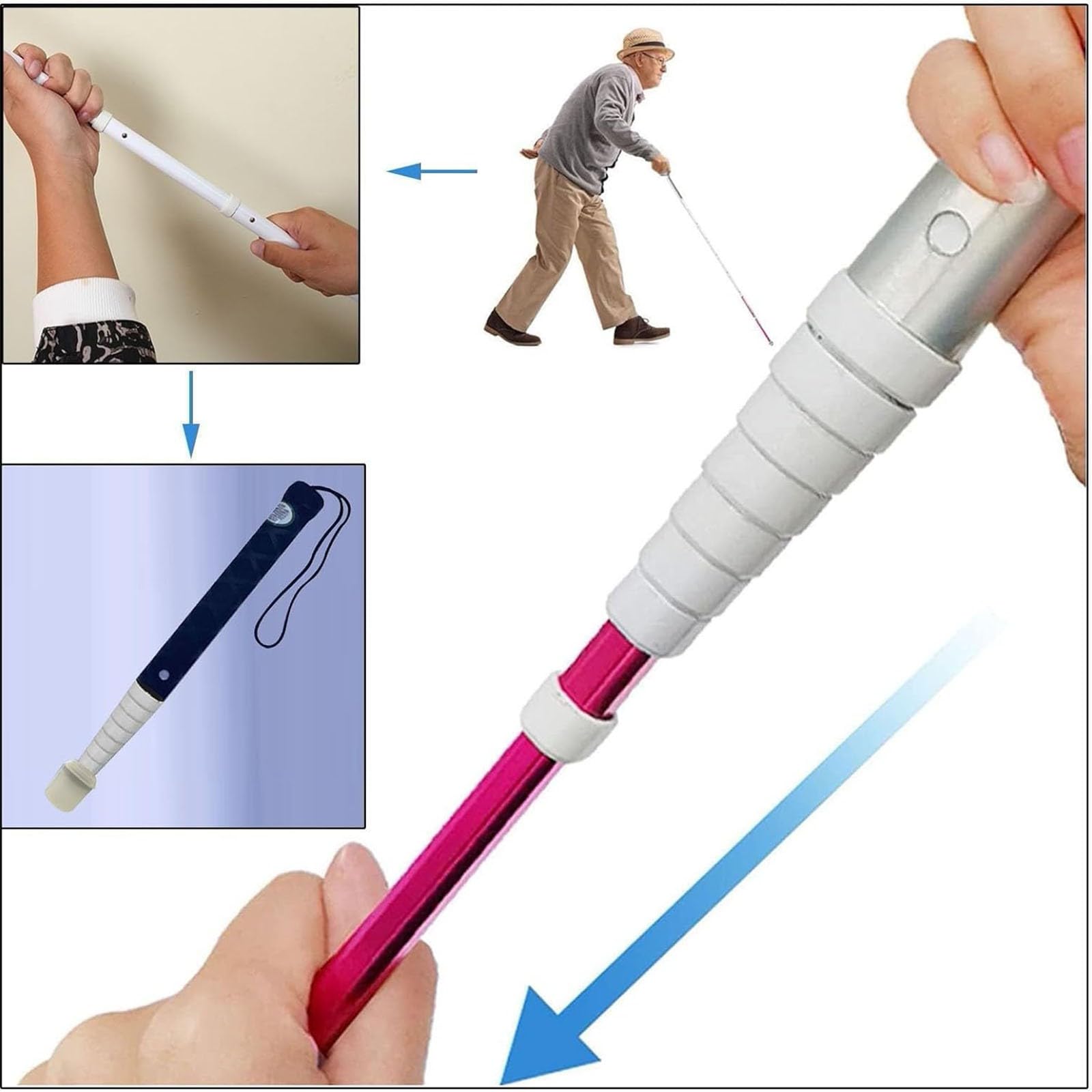 Bastone per ciechi telescopico - Bastone da passeggio pieghevole riflettente per disordini motori e persone non vedenti, include punta opzionale per stampella Marshmallow(A,125cm/49.2in)