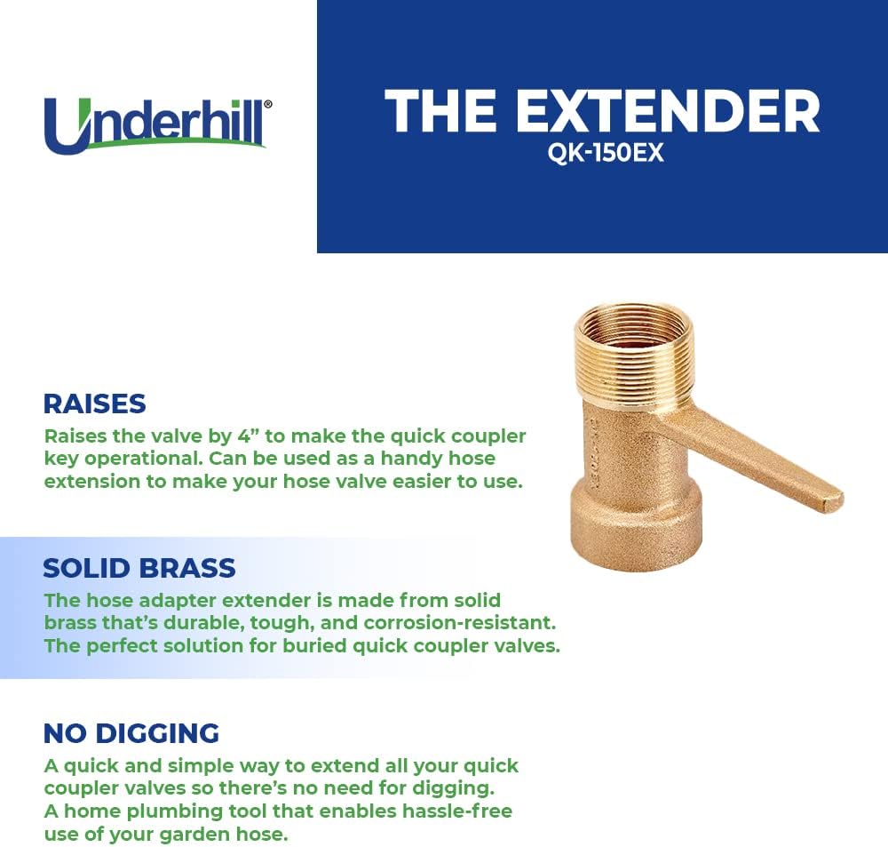 Underhill Extender Valve Key Tool for Garden Water Hose, 1 1/2 Inch Quick Coupler Extender Connector, Raise Quick Coupler QK-150EX, Solid Brass