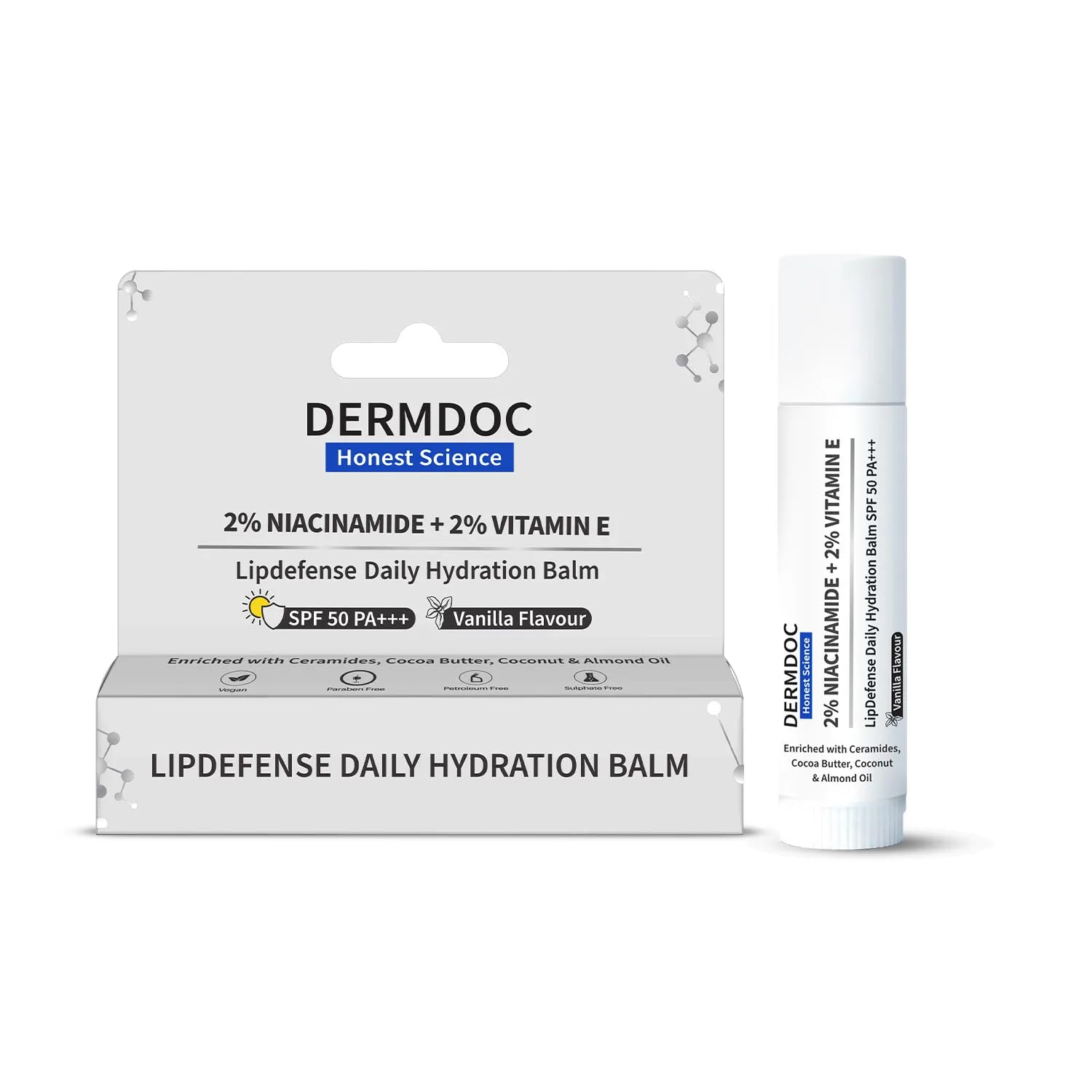 DermDoc 2% Niacinamide + 2% Vitamin E Vanilla Lip Defense Lip Balm SPF 50 PA+++ | Hydrates, Repairs & Protects Dry, Chapped Lips | UV Defense + 4 Hr Water Resistance | Deep Moisturization Coconut & Almond Oil - 4 gm-image-25