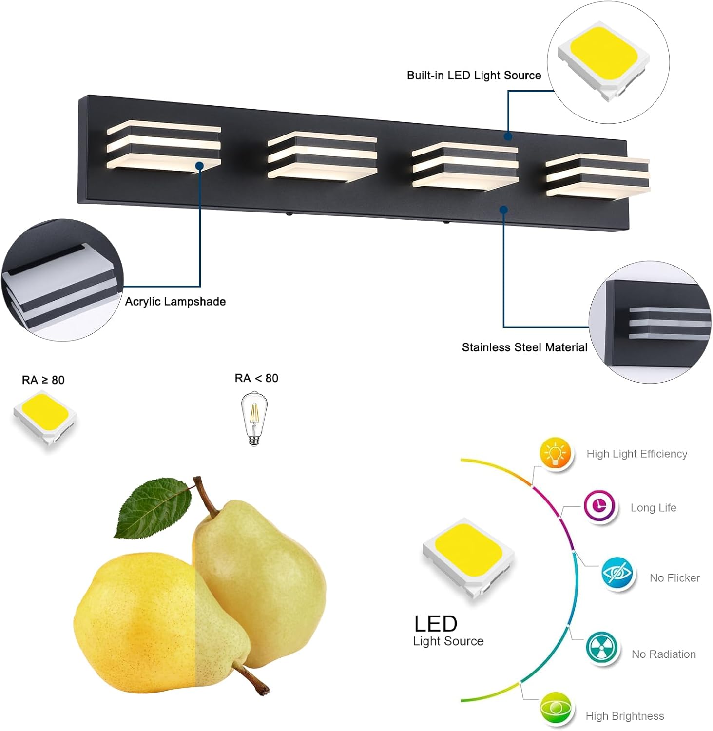 4-light led black vanity lights for bathroom light fixtures adjust 3 colors modern bath lighing over mirror led vanity light 27inch acrylic heads black-3 color temperature 4-light, 27-inch