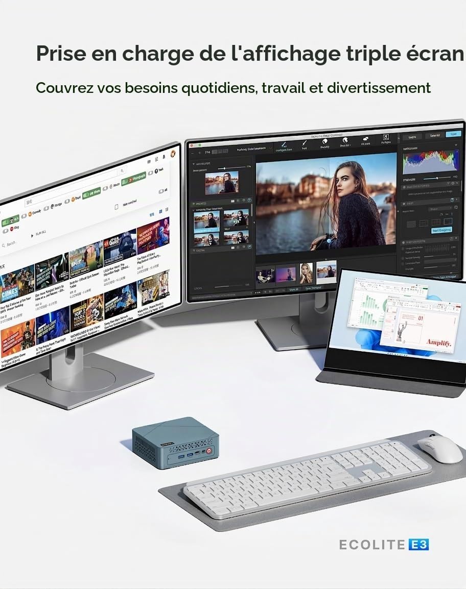 BOSGAME E3 Neo Windows 11 Pro Business Mini PC Intel N95, 4 cœurs, 4 Threads, jusqu'à 3,4 GHz, 16 Go DDR4 RAM, SSD 512 Go, Triple écran 4K @ 60 Hz, HDMI, Type-C, USB3.2, LAN, BT 5.0, Wi-FI 5