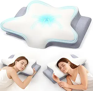 Cervical Neck Pillow, Memory Foam Pillows for Neck and Shoulder Pain Relief, 2 Heights Ergonomic Pillow with Breathable Ice Silk Cover, Neck Support Pillow for Side Back Stomach Sleepers, Odorless