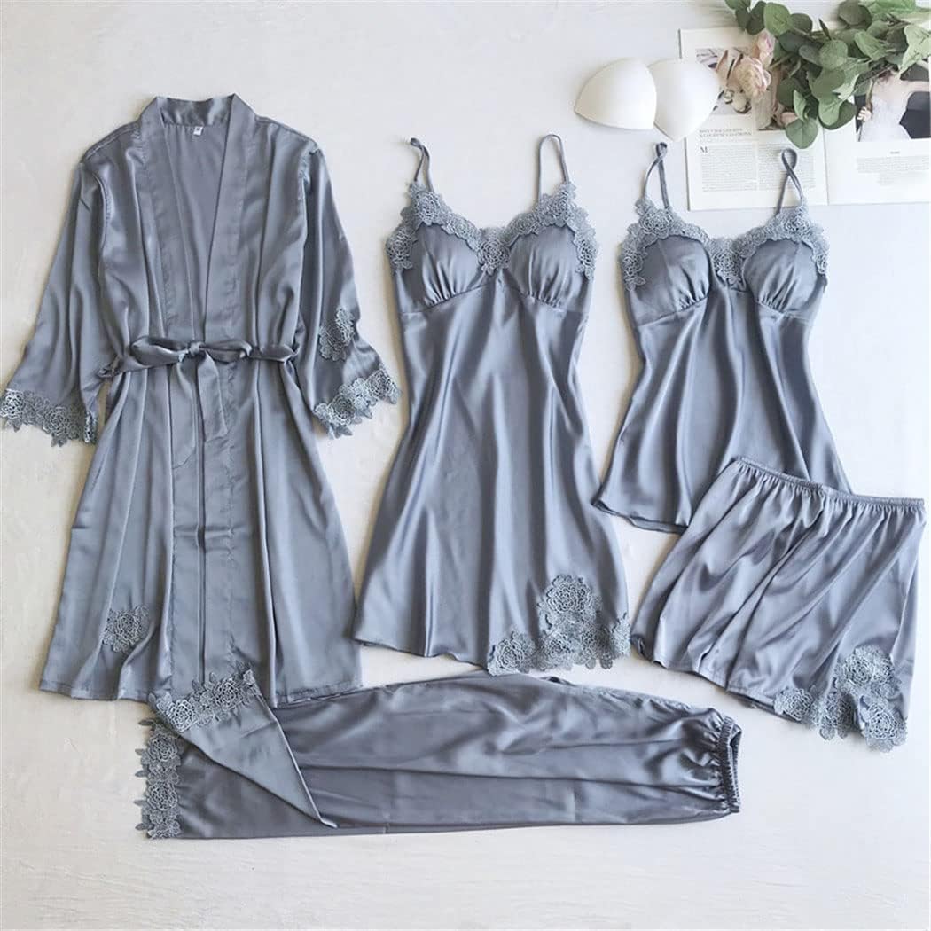 Haitpant Gray Nightgown Set Women Lace Nightwear V-Neck Pajamas Suit Homewear Spring Sleepwear Robe Gown Pijama Negligee
