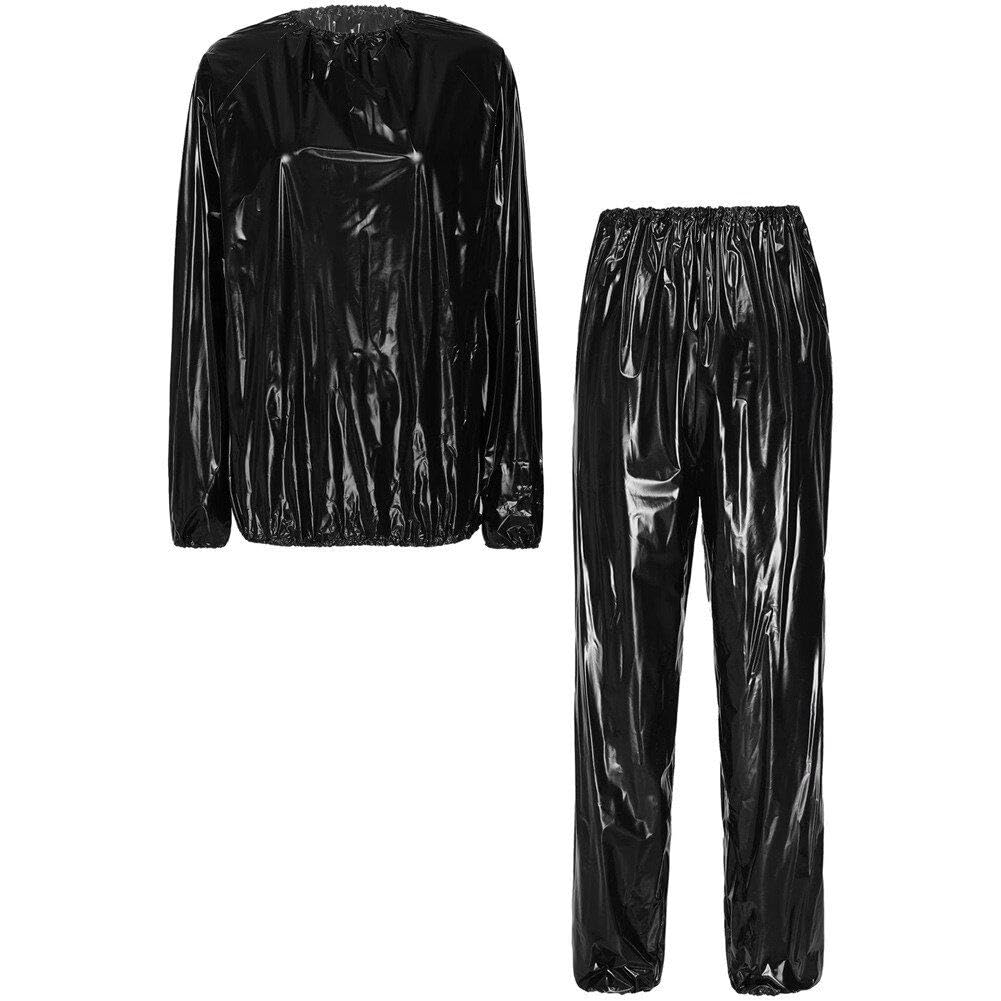 Sanfly Black Pvc Sweat Sauna Suit Long Sleeve Elastic Cuff And Pants Weight Loss Exercise Training Suit Anti-Rip Sweat Sauna Fitness Workout Suits