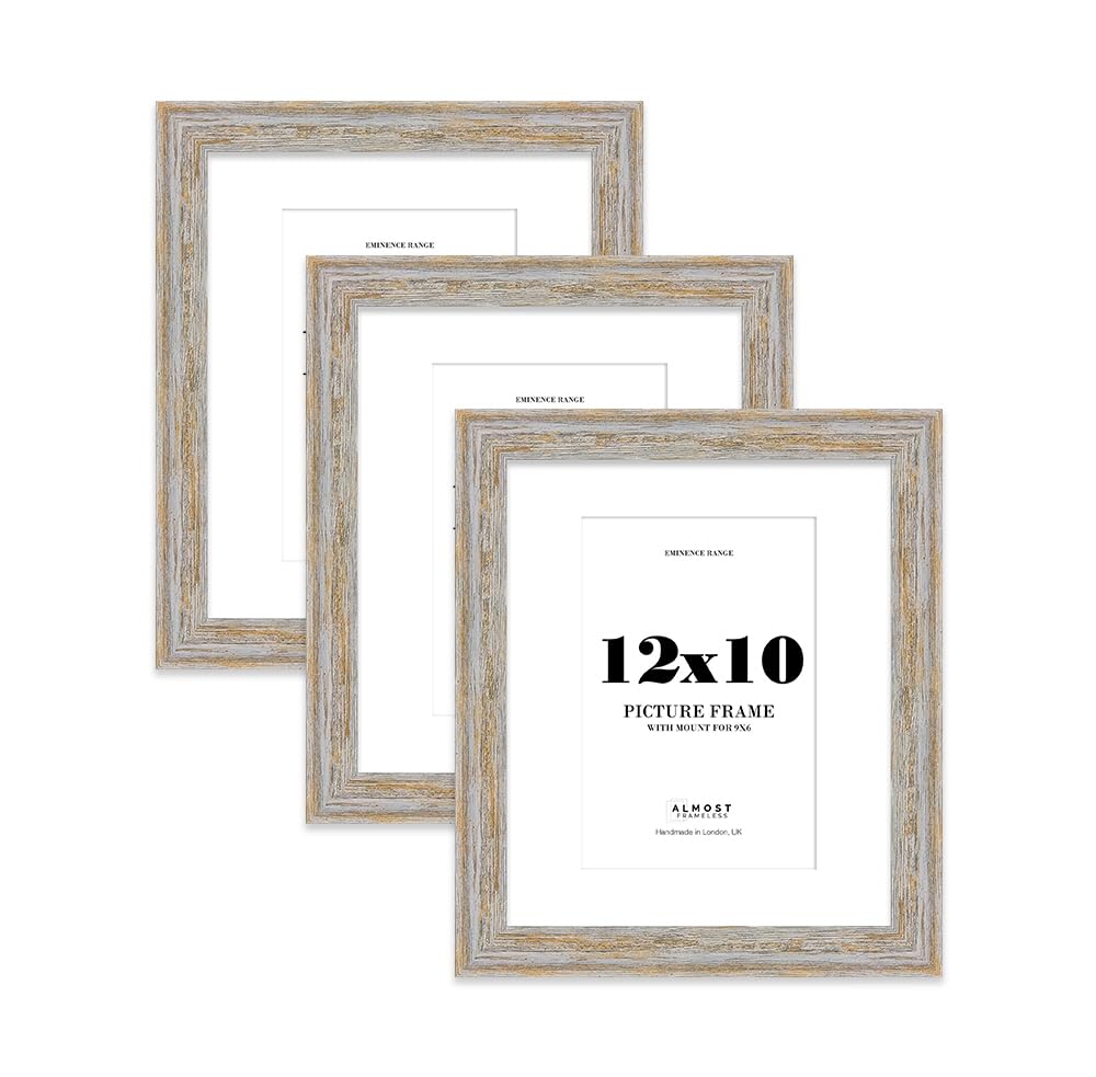 12x10" Walnut Woodgrain Picture Frame with 9x6" Mount - Shabby Chic Photo Frame with Distressed Finish, Wall Hooks and Kickstand, 32mm Edge - 3 Pack