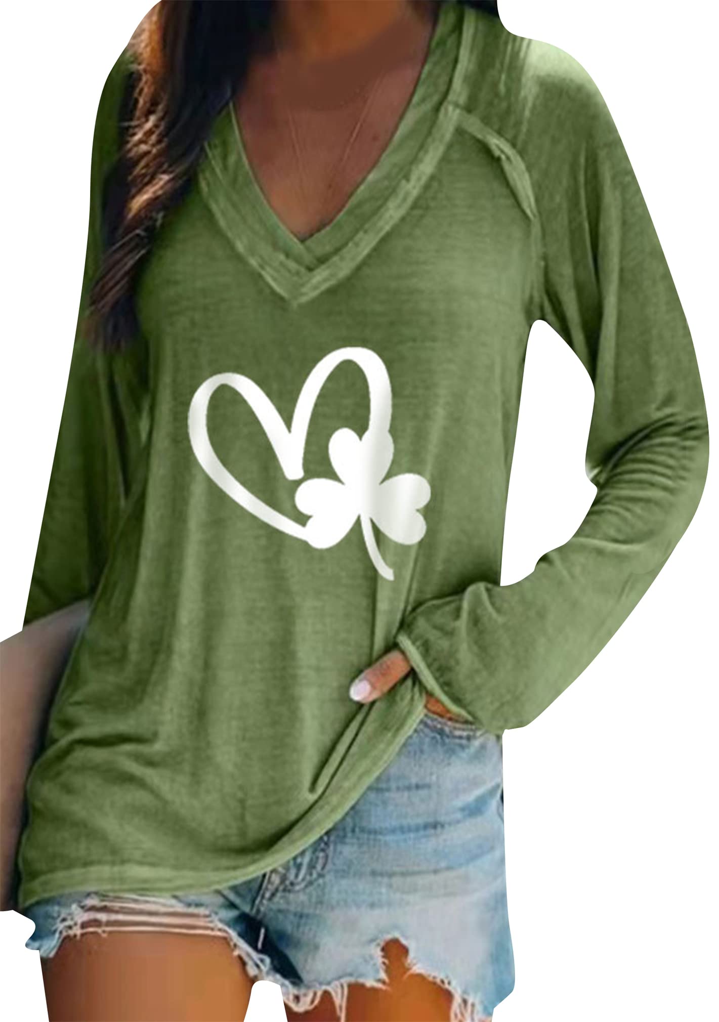 BOFETA Women St Patricks Day Sweatshirts Loose Long Sleeve Shirts Green Shamrock Print Blouse Flowy Color Block Pullover Tops
