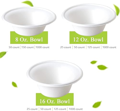 Miniatura 7 de three leaf Cuenco de bagazo de 8 oz (8.1 fl oz), 50 unidades resistente, súper fuerte, natural, ecológico, desechable, 100% biodegradable, cuenco de