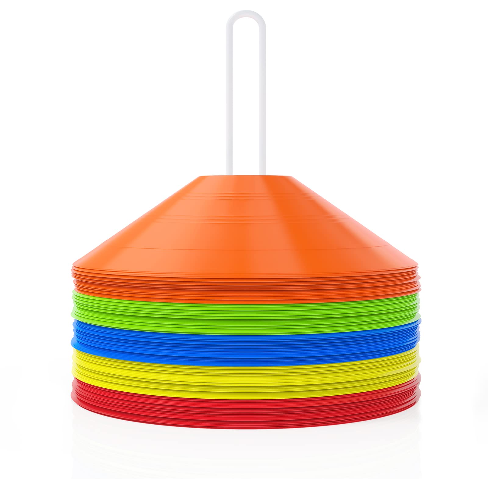 KUYOU Pro Soccer Disc Cones(Set of 50), Agility Drills Cones with Carry Bag and Shelf for Training, Colorful Cones Field Space Marker for Football, Basketball, Kids, Outdoor Sports (5 Colors)