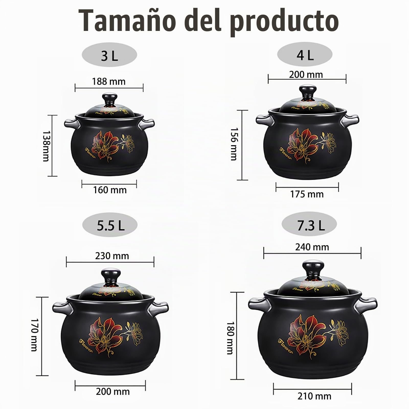 YLME Cazuela con Tapa Olla Grande de Barro para cocinar Olla de cerámica Natural Resistente al Calor Ideal para guisos sopas arroz y Platos estofados Apta para la Cocina y el Horno,3L
