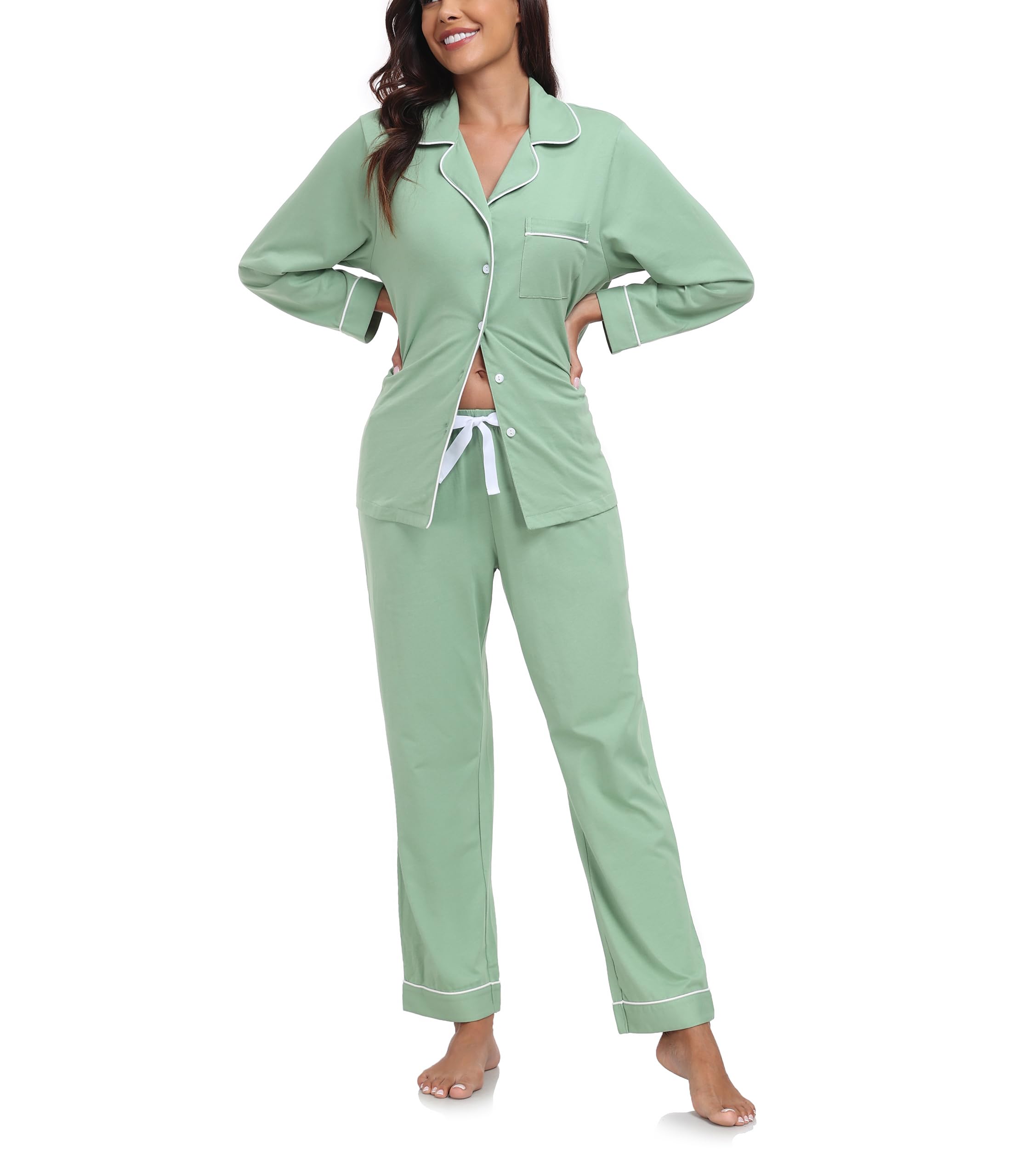 COLORFULLEAF Pijama para mujer, 100% algodón, con botones, manga larga, conjunto de pijamas de dos piezas