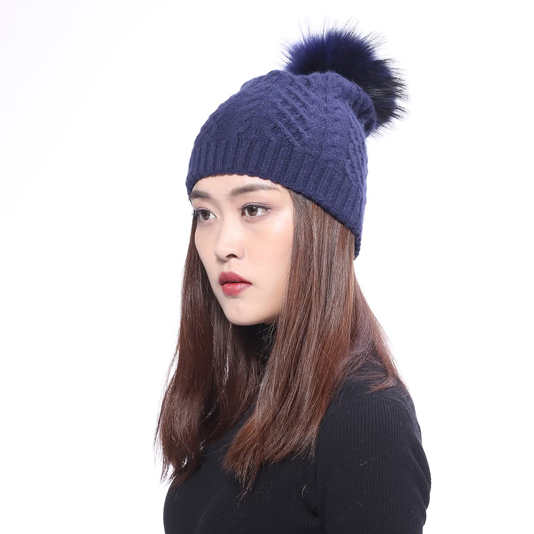 BeFur Bonnet tricoté pour femme d'hiver doux et élastique avec pompon renard, Blanc., Taille unique