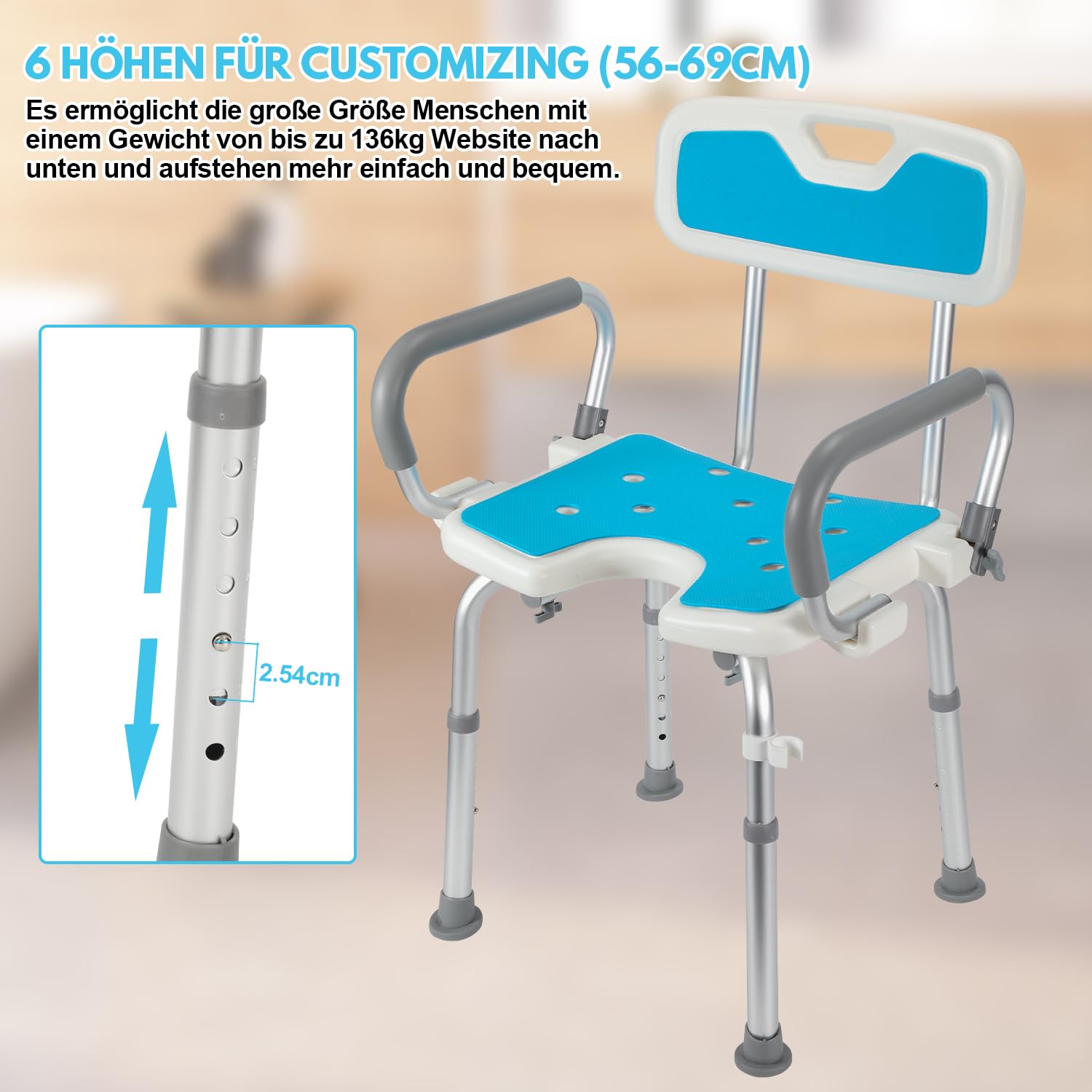 Randaco Taburete de Ducha con reposabrazos y Respaldo Desmontables,Silla Ducha Mayoresaltura Regulable, Aguanta 136kg,Silla Baño Ancianos Ducha Antideslizante