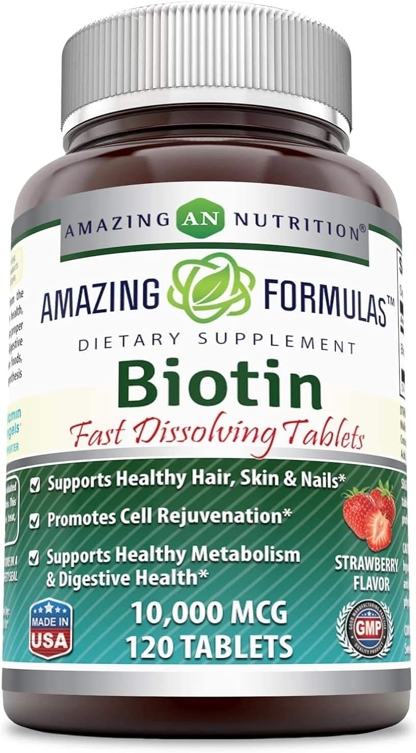 Amazing Formulas Biotin Supplement 10000 mcg (Non-GMO, Gluten Free) - Supports Healthy Hair, Skin & Nails - Promotes Cell Rejuvenation (Fast Dissolve Tablets, 120 Count (Strawberry)) : Health & Household