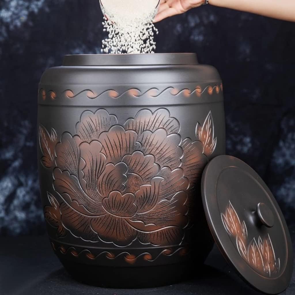 DXYLFFF 25kg Grain Dispenser, Ceramic Rice Cylinder with Lid, Airtight Bulk Food Storage, Kitchen & Pantry Organization for Rice, Soybeans, Corn, Flour, Oatmeal (Color : Black, Size : Capacity 25kg)