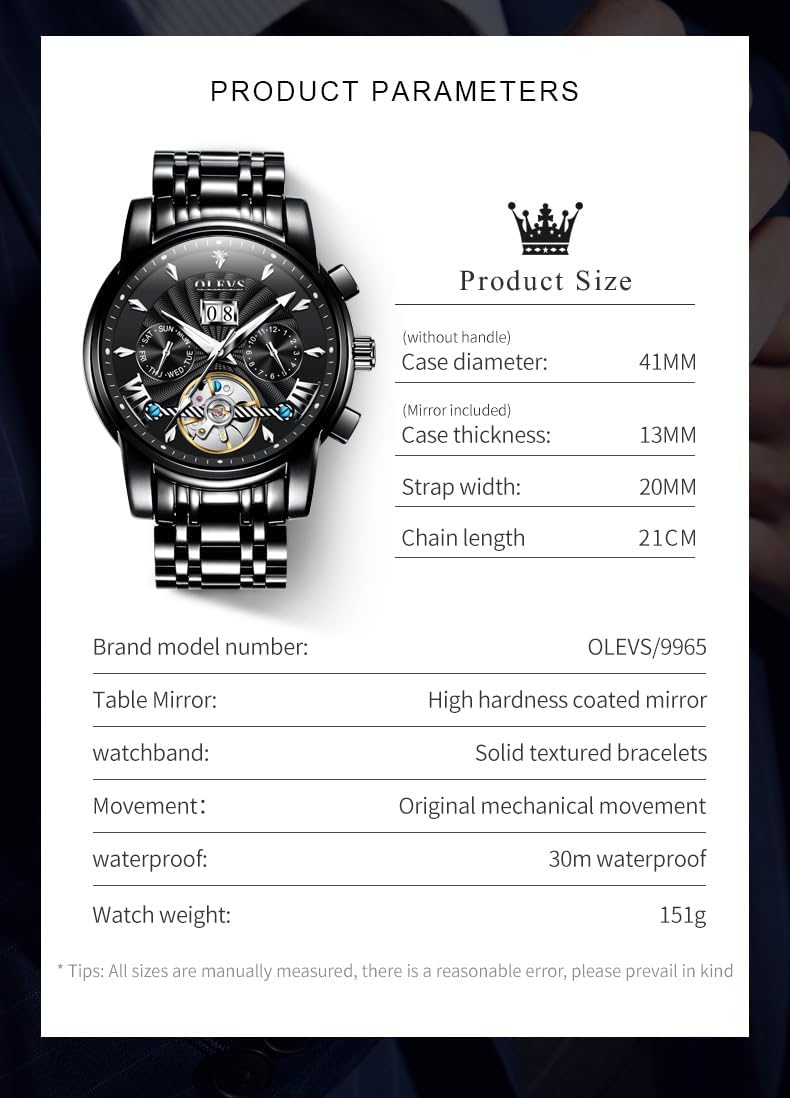 OLEVS Watches for Men Automatic Skeleton 5 Hands Mechanical Luxury Watch Classic Calendar Stainless Steel Waterproof Mens Wrist Watch - Image 8