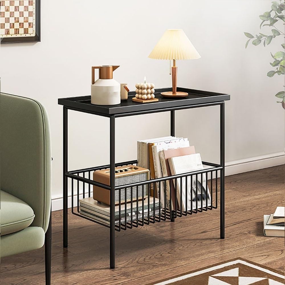 Table d'appoint moderne noire double couche rangement petits espaces