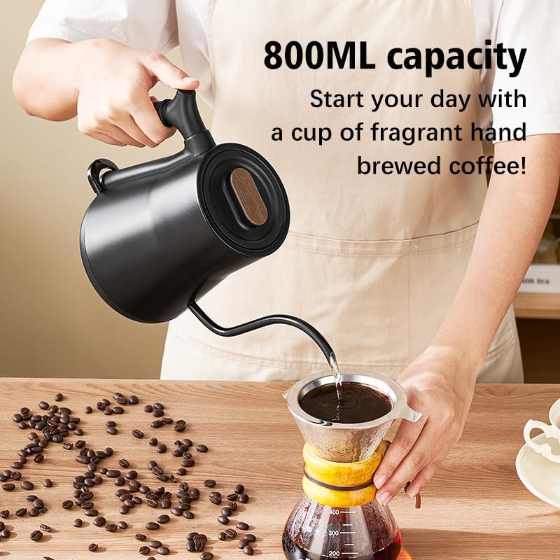 Electric Gooseneck Pour Over Coffee & Tea Kettle - 1000W Rapid Heating, 0.8L Stainless Steel, Auto Shut-Off, Boil Dry Protection, BPA Free